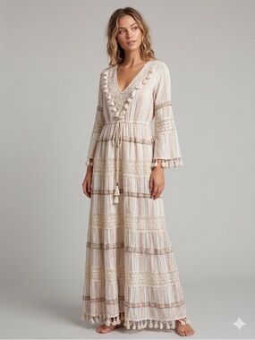 Anthropologie Me 2 Magic Gold/Cream Tiered Boho Maxi Dress